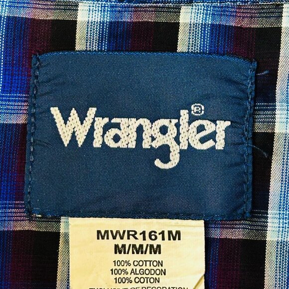 Wrangler Western Pearl Snap Plaid Shirt Size M Long Sleeve Blue Cotton Cowboy - Picture 8 of 10